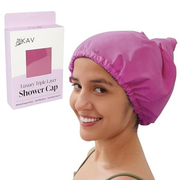 KAV Luxury Triple Layer Shower Cap Satin for Women, Reusable Waterproof - Purple - Picture 1 of 6